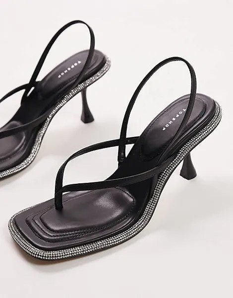 Черные босоножки на каблуке с пяткой и отделкой стразами Topshop Cara