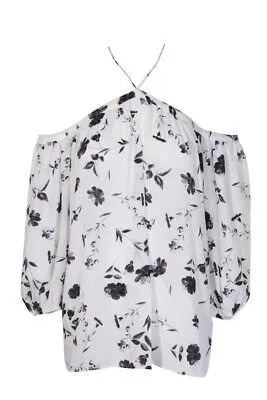 1. Многоцветная шифоновая блуза цвета слоновой кости с открытыми плечами и цветочным принтом XS