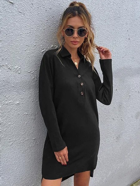 Milanoo Women Knitted Dress Pretty Buttons Polyester Long Sleeves V Neck Black Oversized Midi Dress
