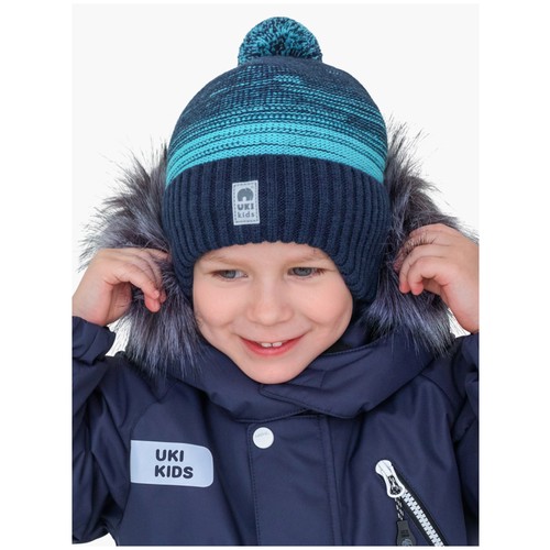 Шапка на завязках зимняя UKI kids “Иней” (синий/бирюзовый, размер 52)