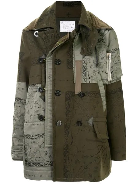 Sacai пальто с контрастными вставками и капюшоном