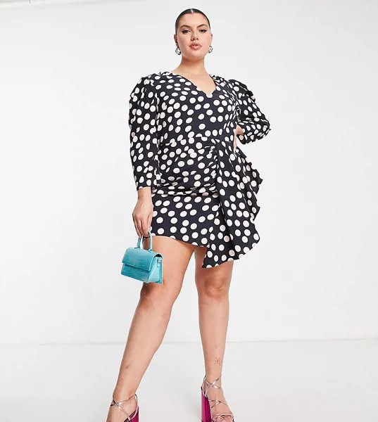 Асимметричное платье мини с драпировкой спереди и принтом в горох ASOS DESIGN Curve-Разноцветный