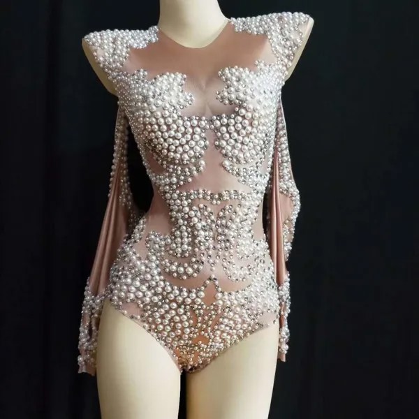Телесный с открытыми плечами блестящие жемчужные стразы сексуальные боди для женщин Одежда для ночного клуба сценические костюмы