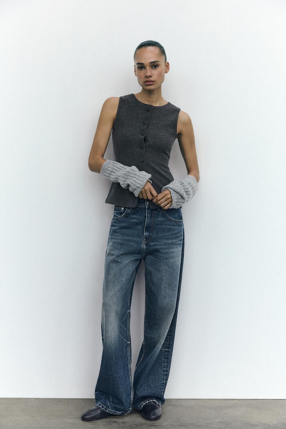 Свободные суженные джинсы oversize с высокой талией ZARA, темно-синий