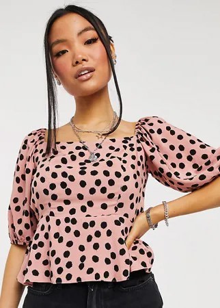 Розовая блузка в горошек с квадратным вырезом New Look Petite-Розовый цвет