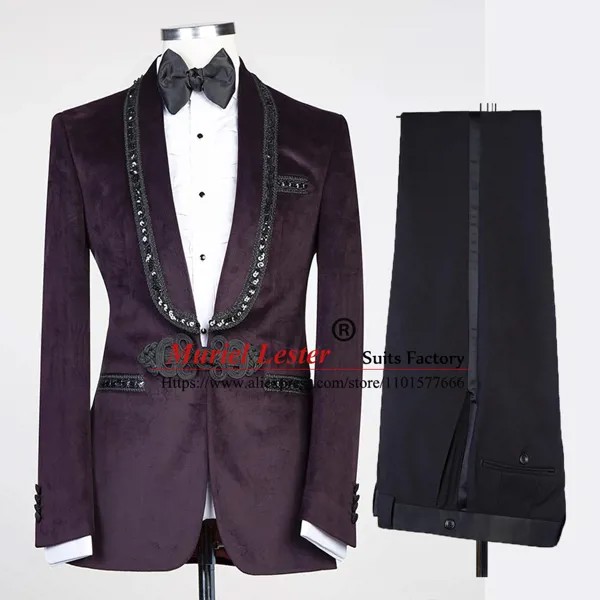 Мужской бархатный костюм-смокинг, темно-сиреневый однобортный костюм из 2 предметов, деловой костюм для свадьбы и вечеринки, 2023