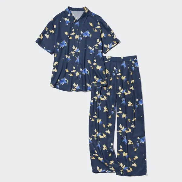 Пижама UNIQLO атласная с короткими рукавами, темно-синий