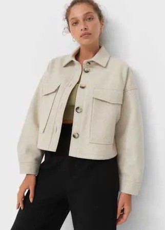 Stradivarius Укороченная Трикотажная Куртка-Рубашка Цвет Небеленого Полотна Xs
