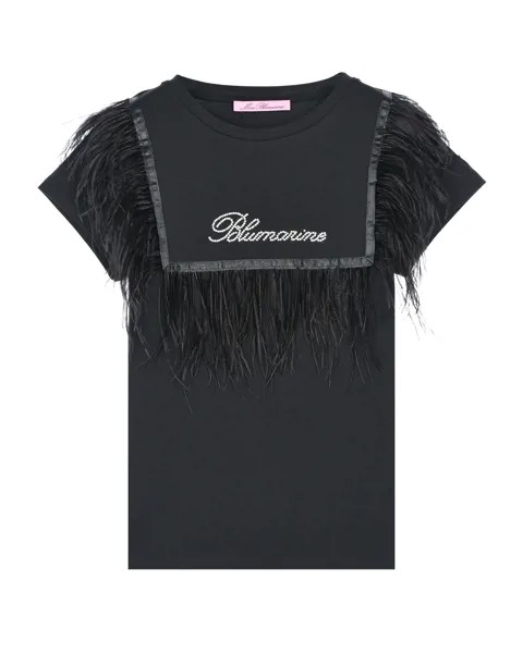 Черная футболка с отделкой перьями Miss Blumarine детская
