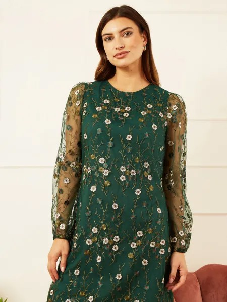 Платье-туника Yumi с цветочной вышивкой, зеленое