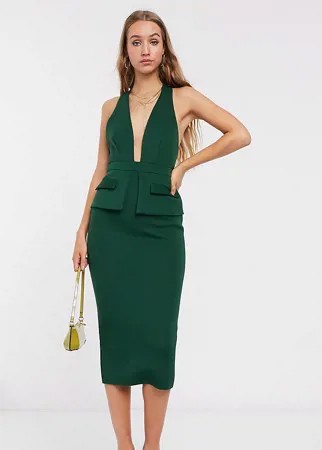 Зеленое платье миди с карманами и глубоким вырезом ASOS DESIGN Tall-Зеленый