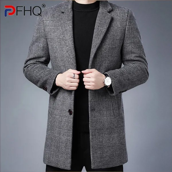 Модное мужское элегантное шерстяное пальто PFHQ 2023, новый модный клетчатый дизайн, деловые повседневные флисовые куртки, ветровка, одежда