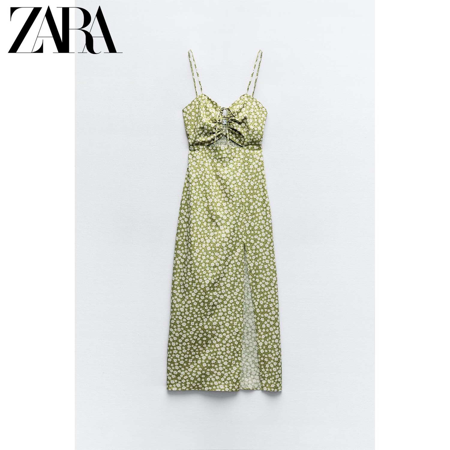 Zara новое весеннее женское платье миди с цветочным принтом и подтяжками 2975760 505, цвет Хаки