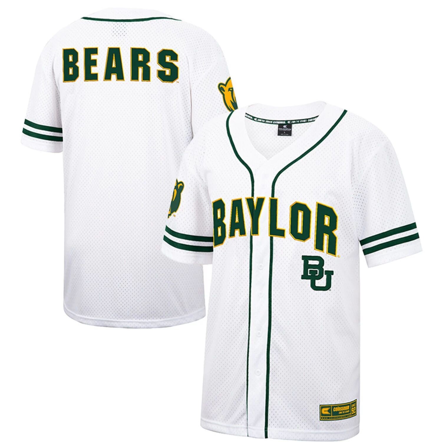 Мужская бело-зеленая бейсбольная майка Baylor Bears Free Spirited Colosseum