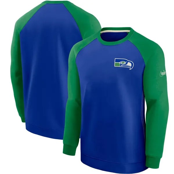 Мужской королевский/зеленый свитер Seattle Seahawks Historic Raglan Crew Performance Nike