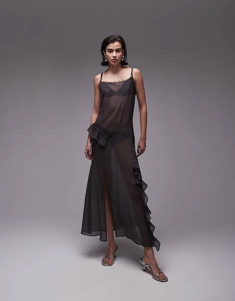 Темно-серое прозрачное платье макси с оборками Topshop