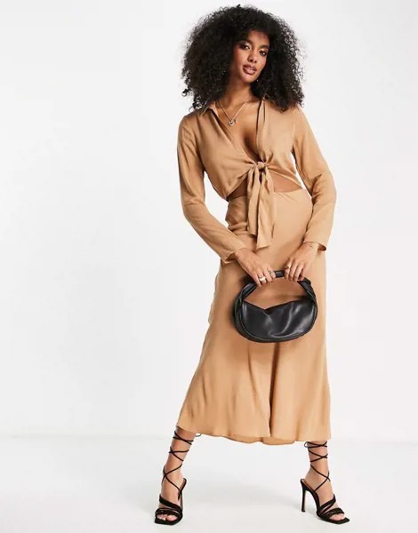 Бежевое платье-рубашка миди с вырезом и декоративным узлом спереди ASOS DESIGN-Коричневый цвет