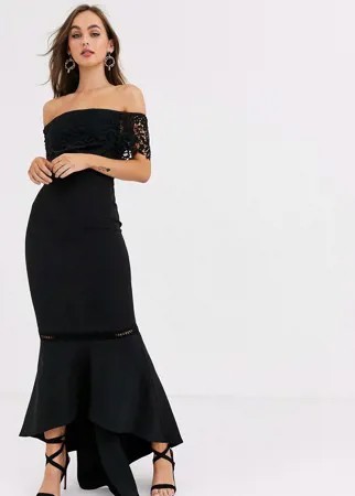 Черное кружевное премиум-платье миди с оборками Chi Chi London-Черный