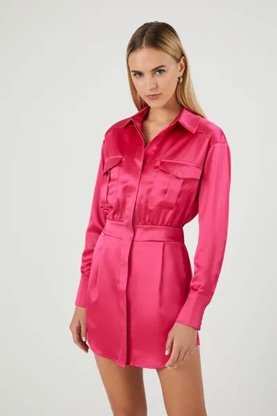 Атласное мини-платье-рубашка Forever 21, фуксия