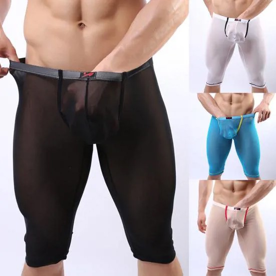 Сексуальные мужчины Пижамные шорты Средняя талия Видеть сквозь прорезь до колена Тощие спальные шорты Брюки