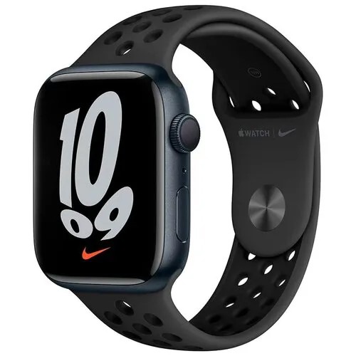 Apple Watch Series 7, 45 мм, корпус из алюминия цвета «тёмная ночь», спортивный ремешок Nike цвета «антрацитовый/чёрный»