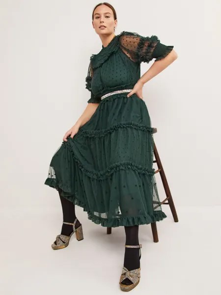 Платье миди с тюлевыми оборками Boden, зеленый оникс