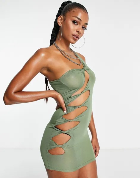 Пляжное мини-платье цвета хаки с асимметричным вырезом из джерси ASOS DESIGN