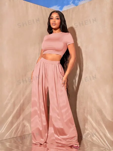 SHEIN SXY Женская укороченная футболка однотонного цвета и широкие плиссированные брюки 2 шт./компл., розовый