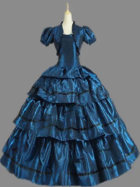 Milanoo Victorian Dress Costumes Women's Deep Blue Fake Coat Ball Gown Ruffle Victorian Era Clothing