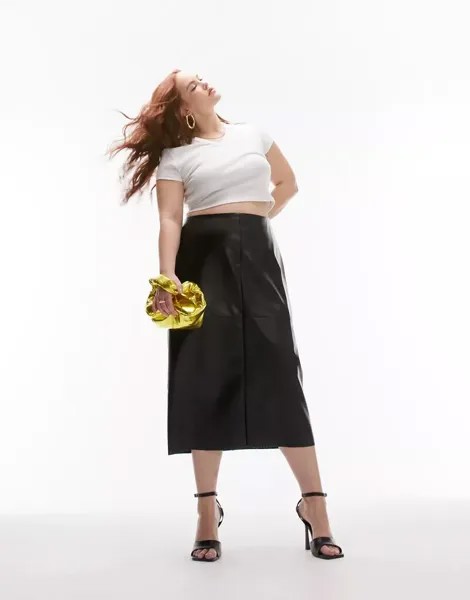 Черная кожаная юбка миди с отстрочкой Topshop Curve