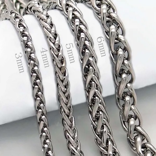 3/4/5/6MM MENS нержавеющая сталь Пшеница Плетеная цепь ожерелье