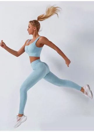 Спортивный костюм для йоги и фитнеса (тайтсы, топ с с пуговицами) цвет голубой, размер M