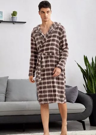 Для мужчины Халат с поясом из плюша в клетку с капюшоном