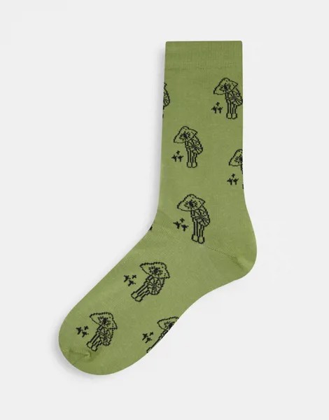 Носки цвета хаки до щиколотки с рисунком грибов с глазами ASOS DESIGN-Зеленый цвет