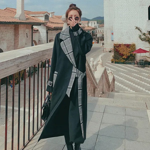 Женское шерстяное пальто, длинное зимнее корейское повседневное пальто в клетку, дамский плащ, толстая свободная модная прямая куртка для ж...