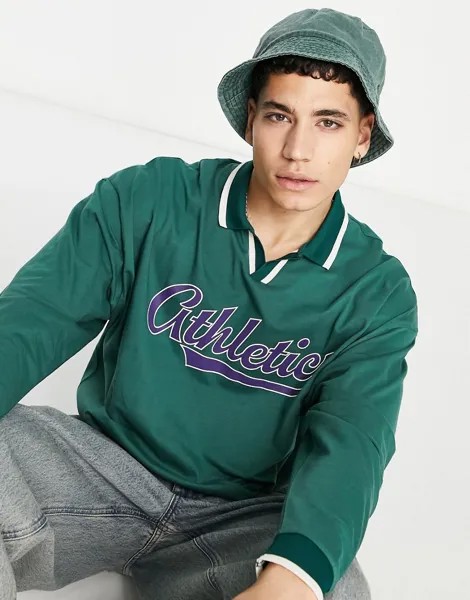 Зеленый лонгслив поло в стиле oversized с принтом на груди и V-образным вырезом ASOS DESIGN-Зеленый цвет