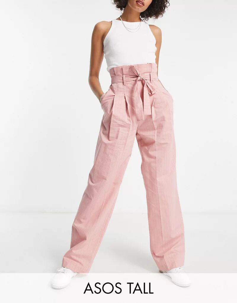 ASOS Tall — розовые брюки в полоску с поясом-бумажным мешком на талии
