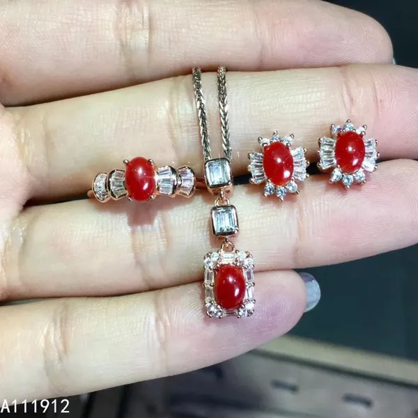 Ювелирные изделия KJJEAXCMY из натурального красного коралла, Стерлинговое Серебро 925 пробы, Женское Ожерелье, цепочка, серьги, кольцо, набор, поддержка, тест моды