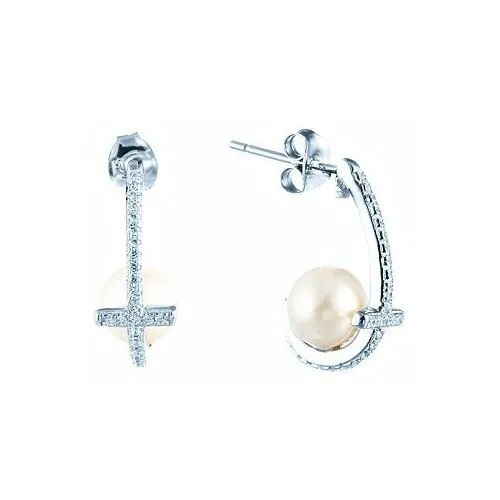 Серьги ELEMENT47, серебро, 925 проба, фианит, жемчуг