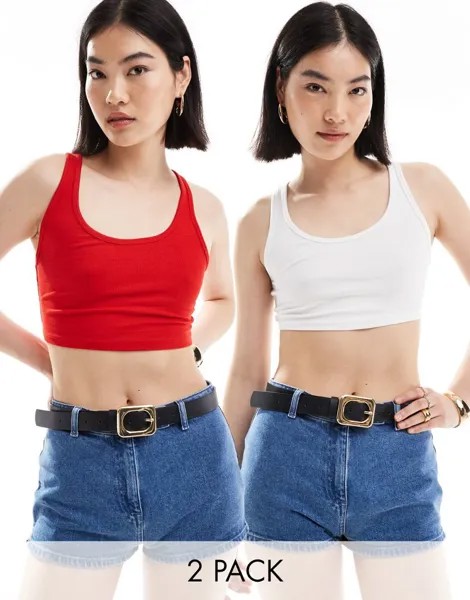 Красно-белая футболка с круглым вырезом Bershka из двух штук