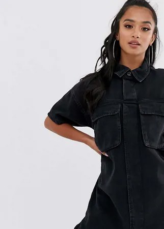 Свободное джинсовое платье-рубашка черного цвета ASOS DESIGN Petite-Черный