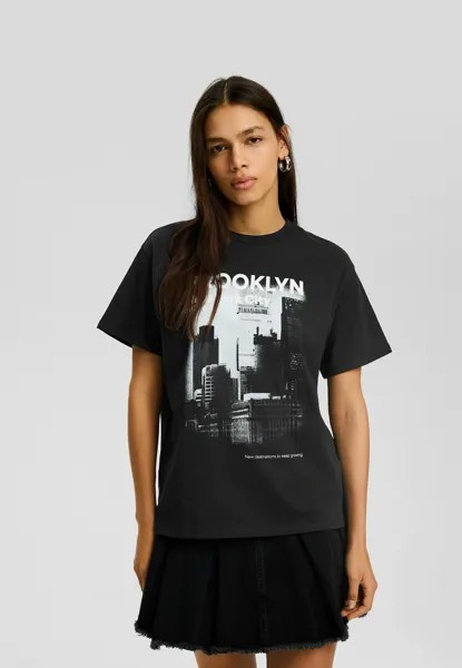 Футболка с принтом Short Sleeve Bershka, цвет dark grey