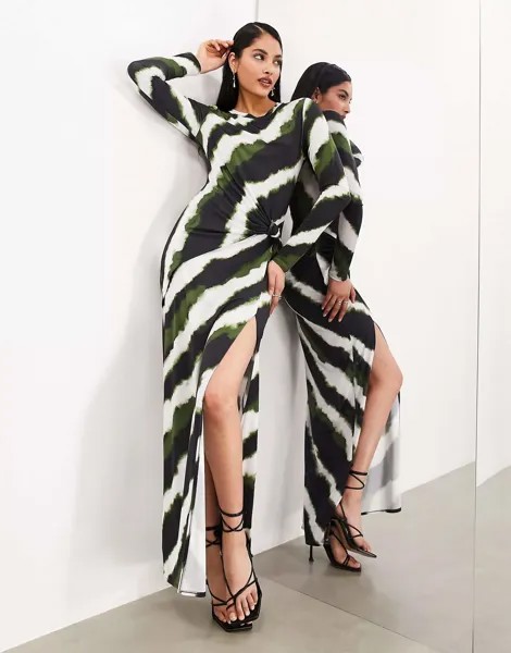 Платье-макси Asos Edition Knitted Form-fitting Knot Fuzzy Black Stripe, зеленый/белый/черный