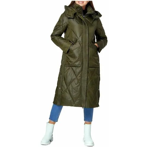 Куртка  зимняя, удлиненная, силуэт прямой, регулируемый капюшон, карманы, несъемный капюшон, капюшон, влагоотводящая, ветрозащитная, размер 42, зеленый