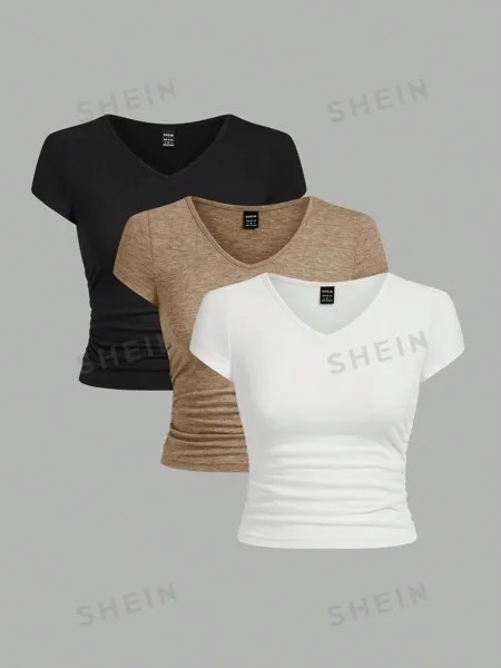 SHEIN EZwear Многоцветная трикотажная облегающая футболка с v-образным вырезом и короткими рукавами, хаки