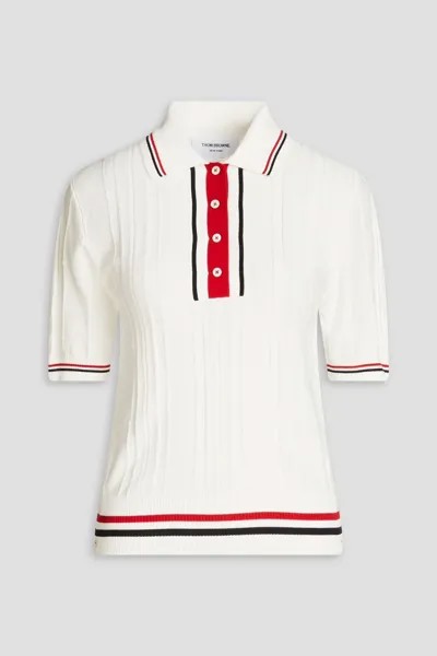 Полосатая рубашка-поло фактурной вязки из хлопка Thom Browne, белый