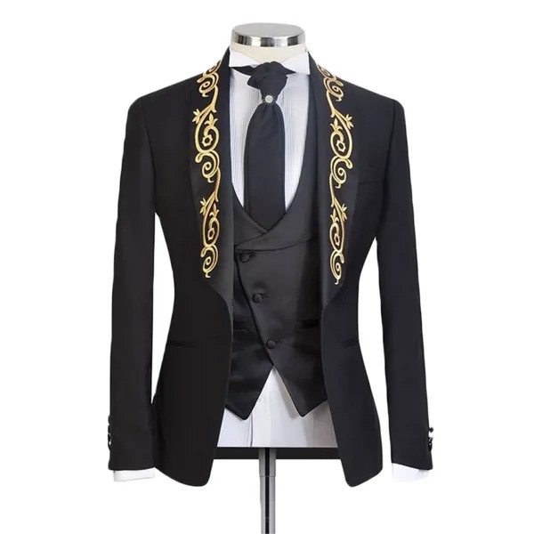 Свадебные смокинги 2 шт., мужской костюм, современные Золотые Аппликации, сделанные на заказ, красивые весенние костюмы для мужчин, куртка + ж...