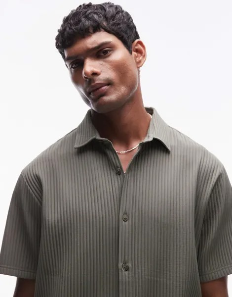 Плиссированная рубашка цвета хаки с короткими рукавами и пуговицами Topman