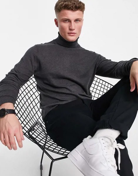 Трикотажный хлопковый джемпер-водолазка темно-серого цвета ASOS DESIGN-Серый