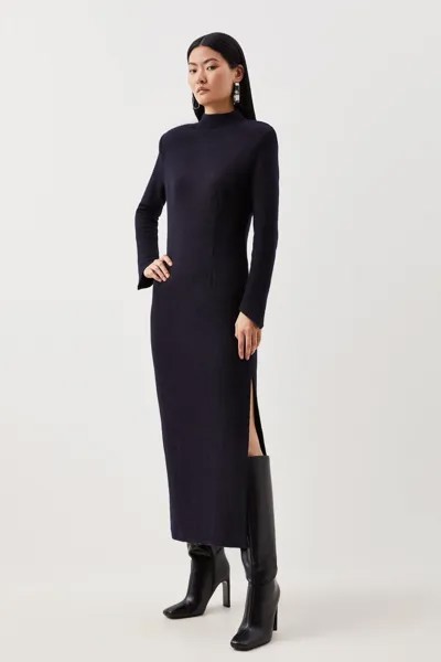 Шерстяное трикотажное платье миди с воротником-воронкой Karen Millen, темно-синий